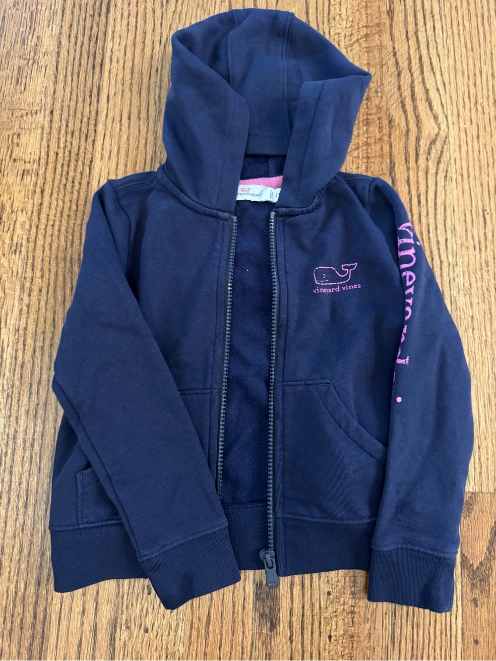 Vineyard Vines Navy Zip Hoodie with Pink Logo and Sleeve Script